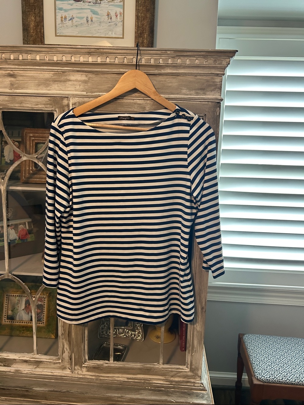 J. McLaughlin Navy and White Striped 2/4 length sleeve top